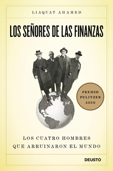 Portada del libro, Los señores de las finanzas, cuatro banqueros sobre una bola del mundo